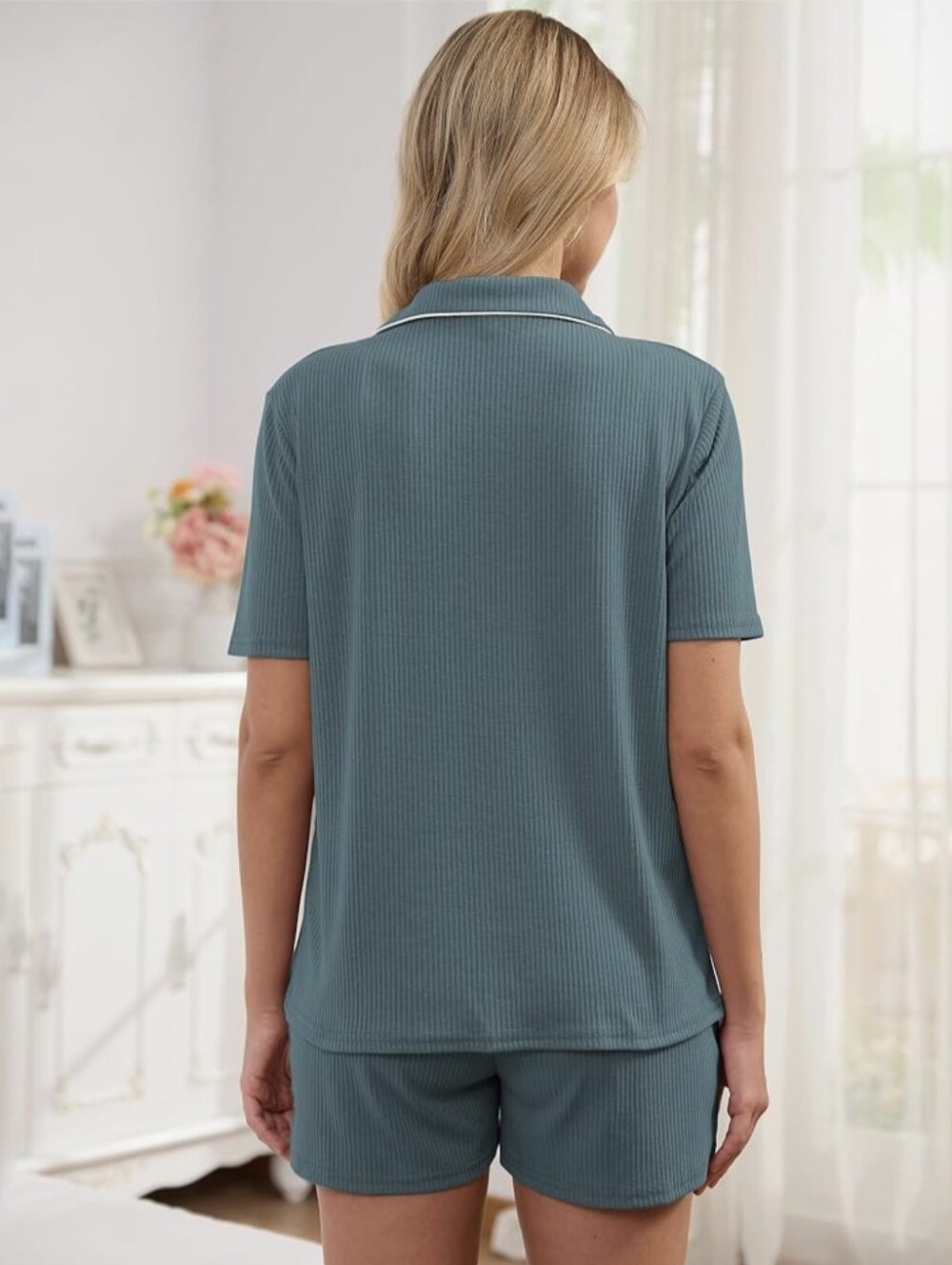 Ribbed Short Sleeve Pajama Set - Teal with White Piping - Picture 5 of 6